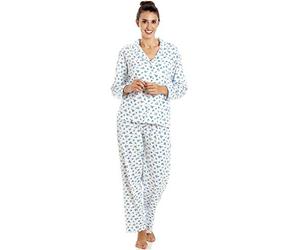 Camille Womens Full Length Long Sleeve Classic Floral Print White Pyjama Set 24-26 Blue