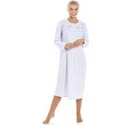 Camille Ladies Long Sleeved Nightdress | Below Knee Length | Neck Button Fastening Nightie with Embroidery | Traditional Nighty Design |Fleece | Classic Nightwear | Blue 22-24