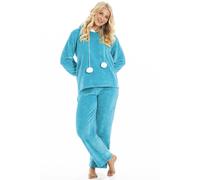 Camille Women's 2 Piece Super Soft Pyjama Set - Thick Luxury Fleece Full Length PJ Set -Long Sleeved with Elasticated Waist & Sherpa Lined Hood Light Blue 10-12