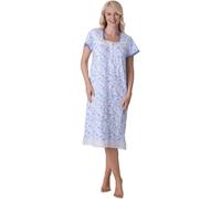 Camille Lightweight 100% Cotton Ladies Nightdress - Short Sleeve Floral Nighties for Women - Lace Accents, Square Neck & Button Fastening Summer Womens Nightwear Aqua 18-20