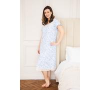 Camille Lightweight 100% Cotton Ladies Nightdress - Short Sleeve Floral Nighties for Women - Lace Accents, Square Neck & Button Fastening Summer Womens Nightwear Aqua 10-12