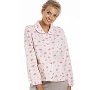 Camille Womens Lightweight Mock Quilt Bed Jacket - Luxury Floral Collared Soft Feel Sleep Top - Button Up & Long Sleeved Pink 18-20