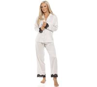 Camille Womens Antique Satin Pyjama Set - Ladies Luxury Lightweight & Breathable Full Length Pyjamas - with Button Front Fastening for Comfort and Style Ivory 14-16