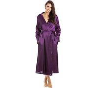 Camille Womens Luxury Long Satin Wrap - Ladies Lightweight & Breathable Summer Nightwear with Tie Belt Fastening Deep Purple 18-20
