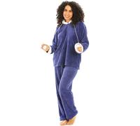 Camille Women's 2 Piece Super Soft Pyjama Set - Thick Luxury Fleece Full Length PJ Set -Long Sleeved with Elasticated Waist & Sherpa Lined Hood Navy 14-16