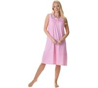 Camille 100% Cotton Sleeveless Women's Nightie | Below Knee Length Nightdress | Comfortable & Breathable Traditional Nighty With Button Fastening | Classic Nightwear | Pink 10-12