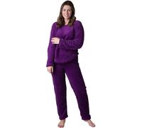 Camille Women's Pyjamas Supersoft Jacquard Sherpa Fleece Set With Woven Pattern & Rope Detailing - Long Sleeved Crew Neck Ladies' PJs With Elasticated Waist 18-20 Purple
