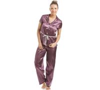 Camille Women's Short Sleeve Belted Satin Pyjama Set in Light Brown | Size: 16