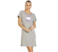 Camille Womens Short Sleeved Pug & Cat Nightdresses - Ladies 100% Cotton Knee Length Nighties - Comfortable & Breathable Summer Nightwear Light Grey 8-10