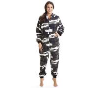 Camille Womens Super Soft Fleece Onesie - Print Hooded All in One - Long Sleeved and Side Pockets Snow Camo 10-12