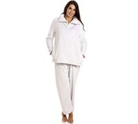Camille Women's 2 Piece Super Soft Pyjama Set - Striped Thick Fleece Full Length PJ Set -Long Sleeved with Elasticated Waist for Ultimate Comfort & Warmth Light Grey 18-20
