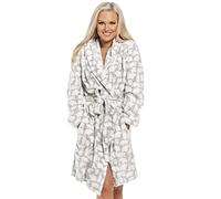 Camille Women's Super Soft Fleece Dressing Gown - White Polar Bear Knee Length Hooded Bathrobe - Long Sleeved, Belt Fastening and Side Pockets Grey 18-20
