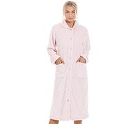 Camille Women's Super Soft Fleece Housecoat -Diamond Print Button Up Bathrobe - Long Sleeved and Side Pockets for Ultimate Comfort & Warmth Pink 10-12