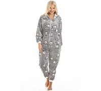 Camille Womens Super Soft Fleece Onesie - Glow In The Dark Hooded All In One - Long Sleeved and Side Pockets Grey Skull 18-20