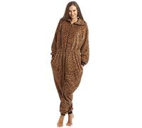 Camille Womens Super Soft Fleece Onesie - Hooded All In One - Long Sleeved and Side Pockets Caramel leopard 18-20