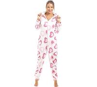 Camille Women's Super Soft Fleece Onesie- Hooded Heart Print All in One - Long Sleeved Pink Heart Print 10-12