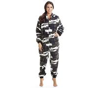 Camille Womens Super Soft Fleece Onesie - Print Hooded All In One - Long Sleeved and Side Pockets Snow Camo 14-16