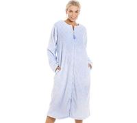 Camille Women's Super Soft Fleece Zipped Housecoat | Calf Length Diamond Print Bathrobe | Zip Close, Long Sleeves & Pockets | Luxury Warm & Comfy Home Loungewear | Blue 18-20