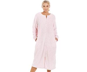 Camille Women's Super Soft Fleece Zipped Housecoat | Calf Length Diamond Print Bathrobe | Zip Close, Long Sleeves & Pockets | Luxury Warm & Comfy Home Loungewear | Pink 10-12