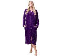 Camille Women's Super Soft Fleece Zipped Housecoat | Calf Length Diamond Print Bathrobe | Zip Close, Long Sleeves & Pockets | Luxury Warm & Comfy Home Loungewear | Purple 22-24