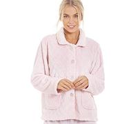 Camille Womens Supersoft Fleece Bed Jacket - Diamond Print Luxury Collared Warm Sleep Top - Button up & Long Sleeved Pink 18-20