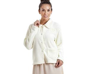 Camille Womens Supersoft Fleece Bed Jacket | Luxury Collared Warm Sleep Coat | Button Up & Long Sleeved | Warm & Cosy All Night Long | Autumn or Winter Wear Over Pyjama Top | Ivory 14-16