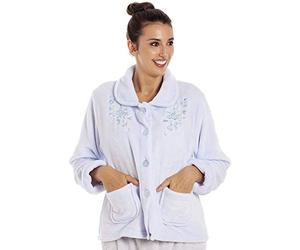 Camille Womens Supersoft Fleece Bed Jacket, Luxury Collared Warm Sleep Coat - Floral Blue 10-12
