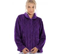 Camille Womens Supersoft Fleece Bed Jacket - Diamond Print Luxury Collared Warm Sleep Top - Button up & Long Sleeved Purple 10-12
