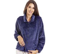 Camille Womens Supersoft Fleece Bed Jacket - Luxury Soft Rose Embossed Warm Sleep Top - Button up & Long Sleeved Navy 14-16