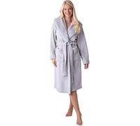 Camille Women's Supersoft Fleece Dressing Gown - Long-Sleeve, Calf-Length Bathrobe | Ribbed Collar, Wrap Belt Tie Fastening & Front Pockets | Warm Comfy Housecoat - Light Grey 14-16