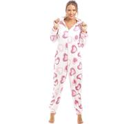 Camille Super Soft Zip-Up Hooded Women's Onesie - Heart Print | Thick Luxury Fleece Full-Length Women's All in One Lounge Suit | Long Sleeves, Cosy Hood, Pockets | Warm & Comfy | Pink 18-20