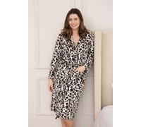 Camille Women's Supersoft Fleece Hooded Dressing Gown - Long Sleeve Calf-Length Printed Bathrobe with Matching Belt Tie - Brown Leopard 10-12