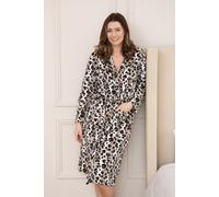 Camille Hooded Dressing Gown Supersoft Fleece – Calf-Length, Long Sleeve Brown Leopard – Size 14-16