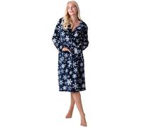 Camille Women's Supersoft Fleece Hooded Dressing Gown - Long Sleeve Calf-Length Printed Bathrobe with Matching Belt Tie - Blue Snowflake 22-24