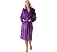 Camille Women's Supersoft Fleece Ribbed Collar Dressing Gown - Long Sleeve Calf-Length Plain Bathrobe with Belt Tie Fastening - Purple 22-24