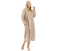 Camille Womens Calf-Length Fleece Zipped Housecoat | Soft & Fluffy Dressing Gown | Long Sleeves, Easy Zip Close, Turn-Over Collar & Pockets | Warm & Comfy | Beige Zebra 10-12