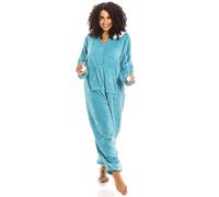 Camille Super Soft Zip-Up Hooded Women's Onesie | Thick Fleece Full-Length Women's All In One Lounge Suit | Long Sleeves, Cosy Hood, Pockets | Warm Material | Blue 14-16