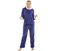Camille Women's 2 Piece Super Soft Pyjama Set - Thick Luxury Fleece Full Length PJ Set -Long Sleeved with Elasticated Waist & Sherpa Lined Hood Navy 14-16