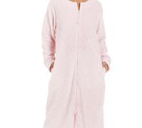 Camille Women's Super Soft Fleece Zipped Housecoat | Calf Length Diamond Print Bathrobe | Zip Close, Long Sleeves & Pockets | Luxury Warm & Comfy Home Loungewear | Pink 22-24