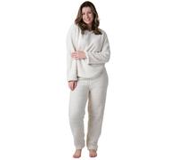 Camille Womens Supersoft Nude Textured Fleece Pyjamas with a Woven Pattern & Rope Detailing - CREAM - 14-16