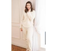 Camille Women's Pyjamas Supersoft Jacquard Sherpa Fleece Set With Woven Pattern & Rope Detailing - Long Sleeved Crew Neck Ladies' PJs With Elasticated Waist 22-24 Cream