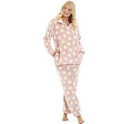 Camille Womens Supersoft Velour Fleece Star Print Pyjama Set - PINK - 14-16