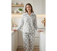 Camille Womens 2 Piece Super Soft Pyjama Set - Grey & White Star Print Thick Fleece Full Length PJ Set - Long Sleeves & Elasticated Waist for Ultimate Comfort and Warmth 18-20