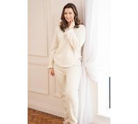 Camille Women's Pyjamas Supersoft Jacquard Sherpa Fleece Set With Woven Pattern & Rope Detailing - Long Sleeved Crew Neck Ladies' PJs With Elasticated Waist 22-24 Cream