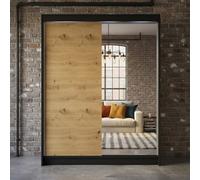 Camino 1 Wardrobe With Sliding Doors And Mirror Modern Bedroom Storage Cabinet Hanging Rail And Shelves Black Artisan Oak Rgbled