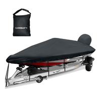 Caminor Boat Cover 14-15.8ft,Bass Tracker Boat Cover with Sand Bag Mooring Kit,1200D Marine Canvas Waterproof Heavy Duty Boat Covers for 14 feet 15ft 16' V Hull Bass & Runabout Boat, Black