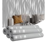 Camiraft 5 Rolls Grey Wallpaper for Living Room Wave Stripes 3D Embossed Thick Textured Silver Glitter Wall Paper Feature Non-Woven Silver Wallpaper for TV Background Bedroom Adults 53cm x 9.5m