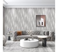 Camiraft Grey and White Living Room Wallpaper 5Pack Wave Stripes 3D Embossed Thick Textured White Glitter Wall Paper Feature Non-Woven Wallpaper for Living Room Bedroom Adults TV Background 53cmx9.5m