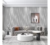Camiraft Grey Living Room Wallpaper 5Pack Wave Stripes 3D Embossed Thick Textured Silver Glitter Wall Paper Feature Non-Woven Wallpaper for Living Room Bedroom Adults TV Background 53cm x 9.5m