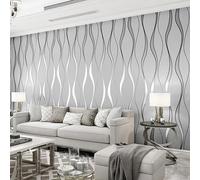 Camiraft Grey Wave Stripes Wallpaper Non-Woven Wall Paper Glitter 3D Effect Textured Flocking Embossed Roll Wallpapers for Livingroom Bedroom Kitchen